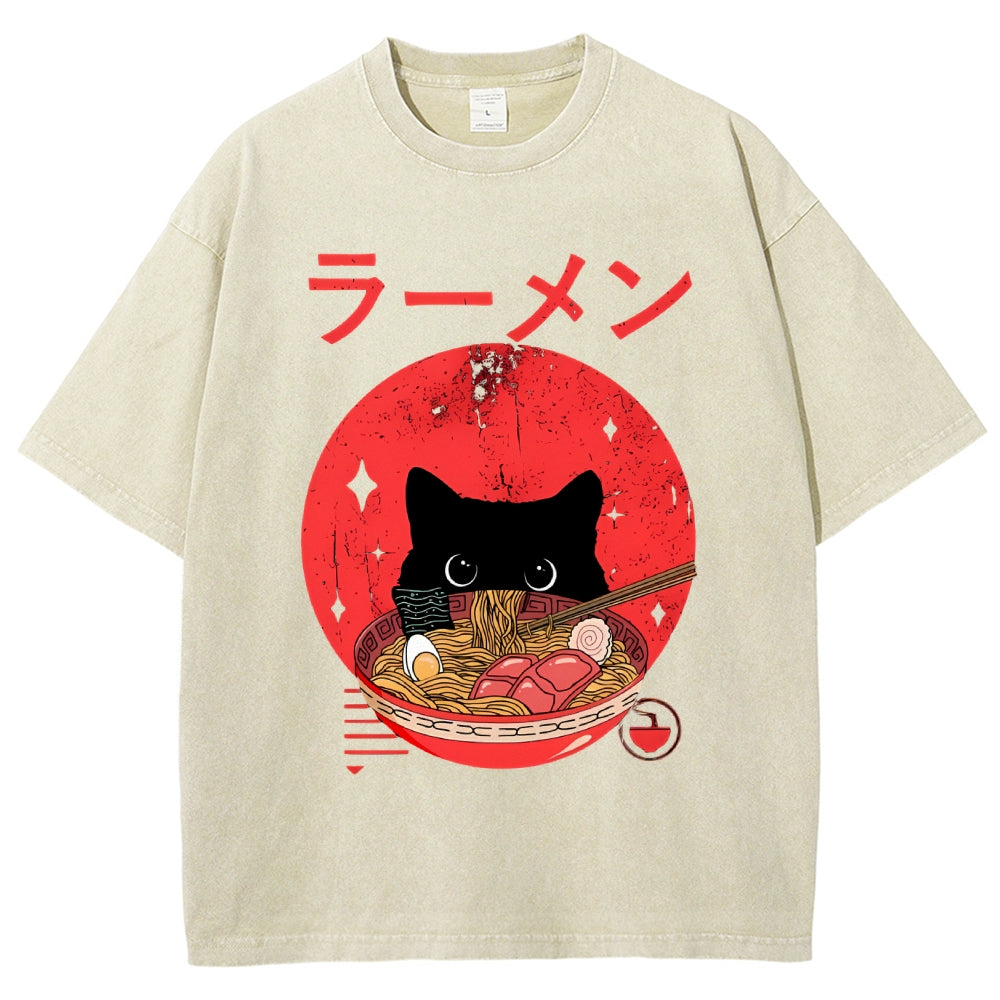 Unisex Japanese Cat Printed Washed Tee