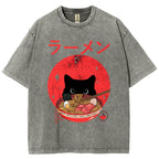 Unisex Japanese Cat Printed Washed Tee