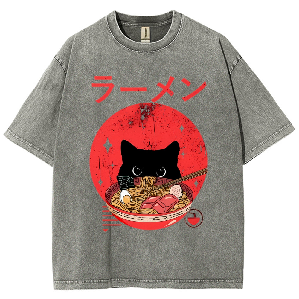 Unisex Japanese Cat Printed Washed Tee