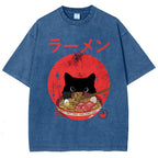 Unisex Japanese Cat Printed Washed Tee