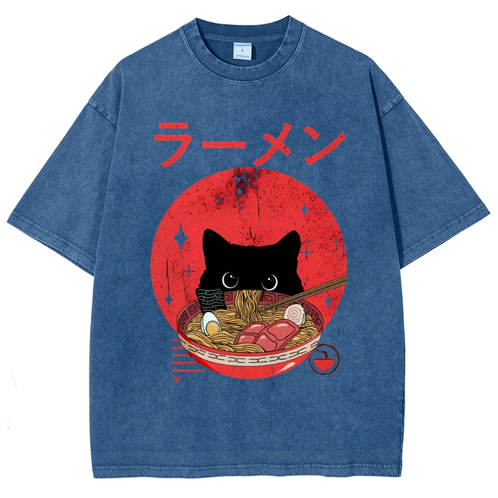 Unisex Japanese Cat Printed Washed Tee
