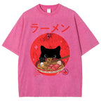 Unisex Japanese Cat Printed Washed Tee