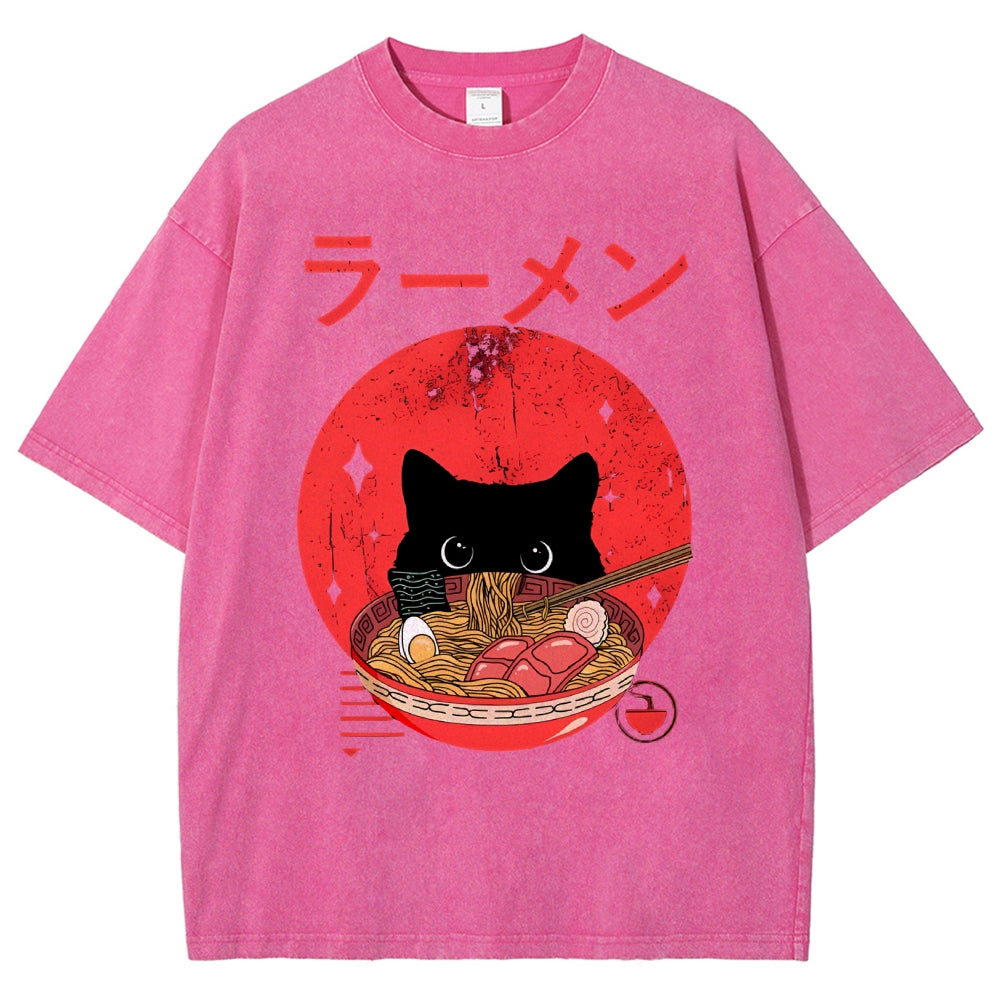 Unisex Japanese Cat Printed Washed Tee