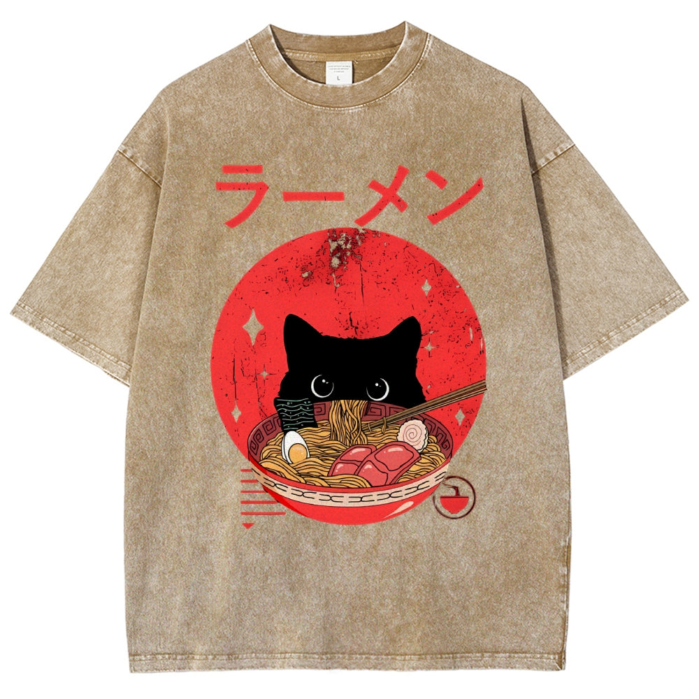 Unisex Japanese Cat Printed Washed Tee