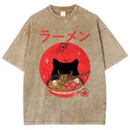Unisex Japanese Cat Printed Washed Tee