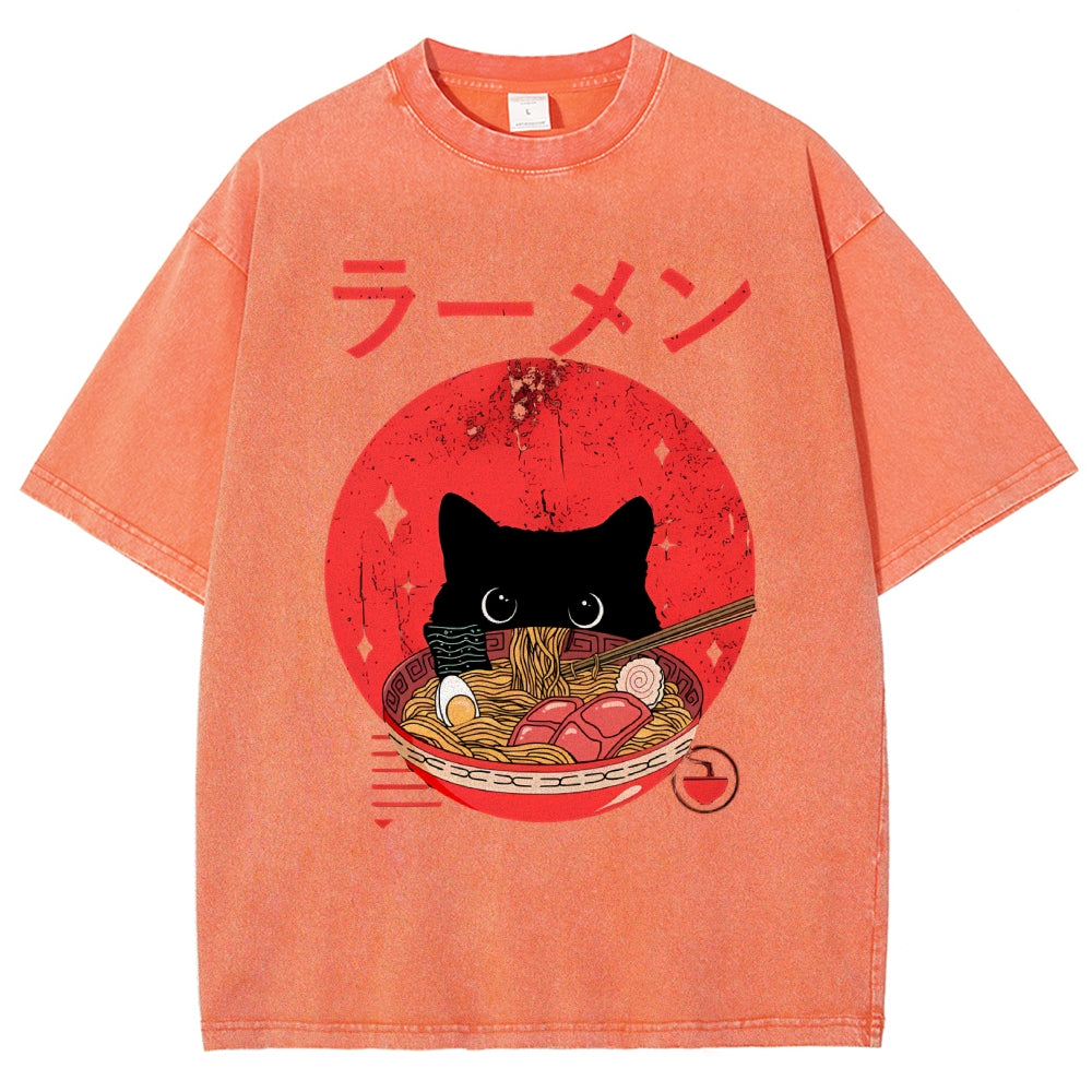 Unisex Japanese Cat Printed Washed Tee
