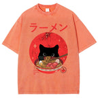 Unisex Japanese Cat Printed Washed Tee