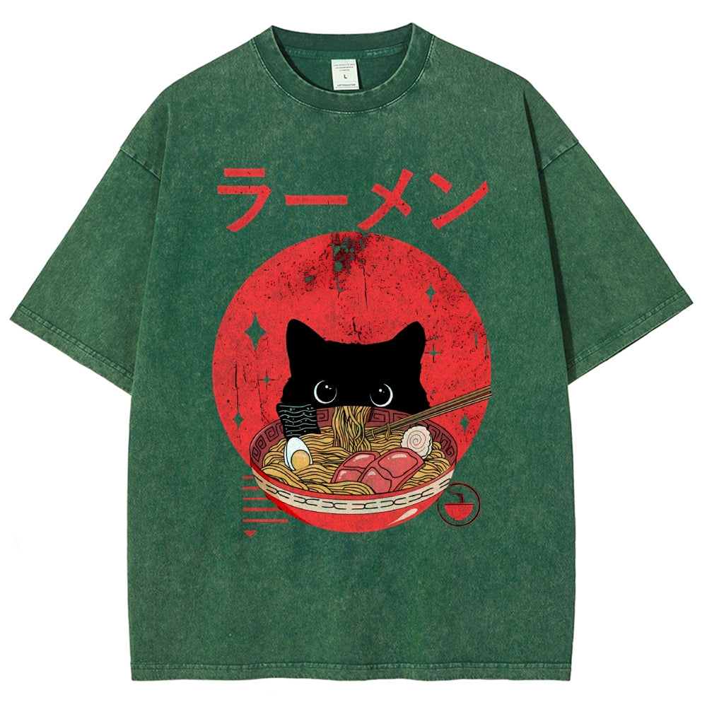 Unisex Japanese Cat Printed Washed Tee