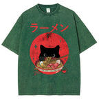 Unisex Japanese Cat Printed Washed Tee