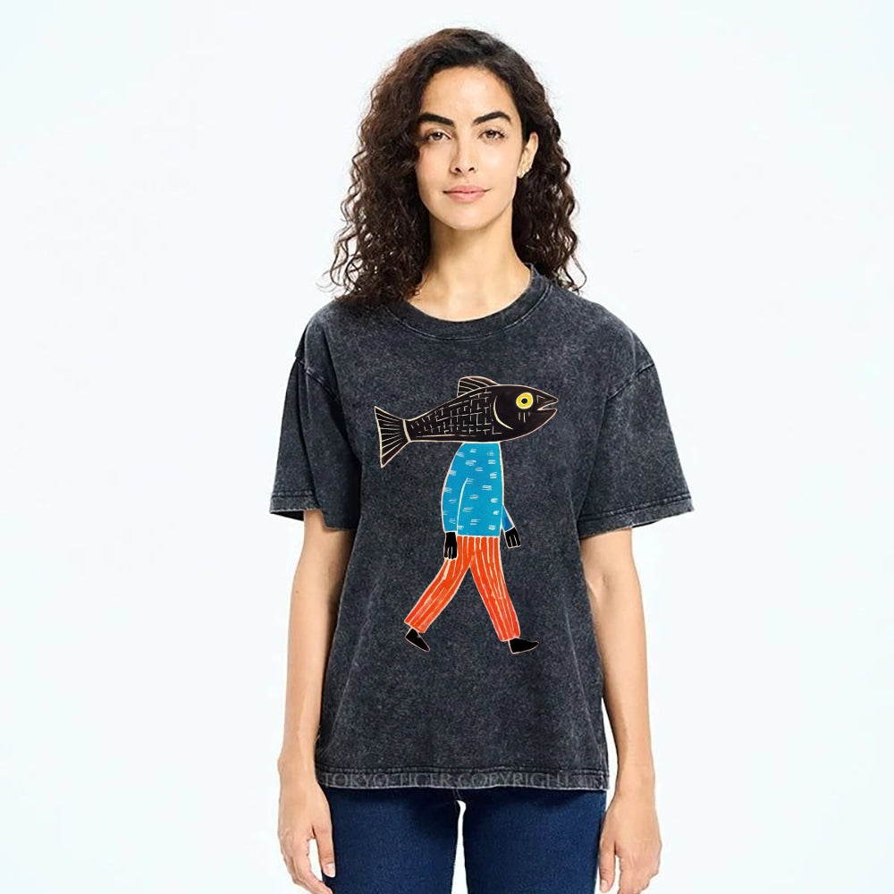 Unisex Abstract Art Fish Printed Washed Tee