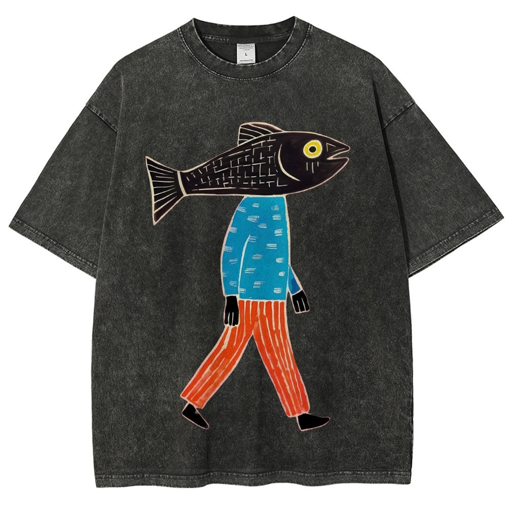 Unisex Abstract Art Fish Printed Washed Tee