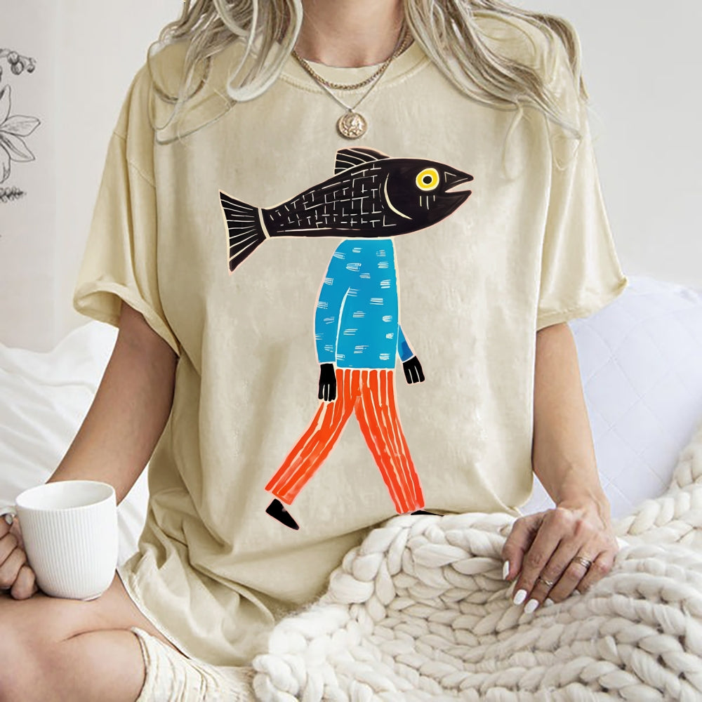 Unisex Abstract Art Fish Printed Washed Tee