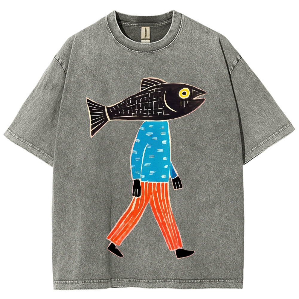 Unisex Abstract Art Fish Printed Washed Tee
