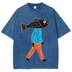 Unisex Abstract Art Fish Printed Washed Tee