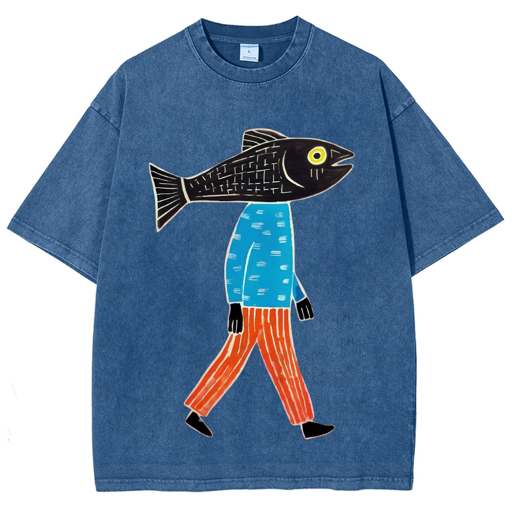 Unisex Abstract Art Fish Printed Washed Tee