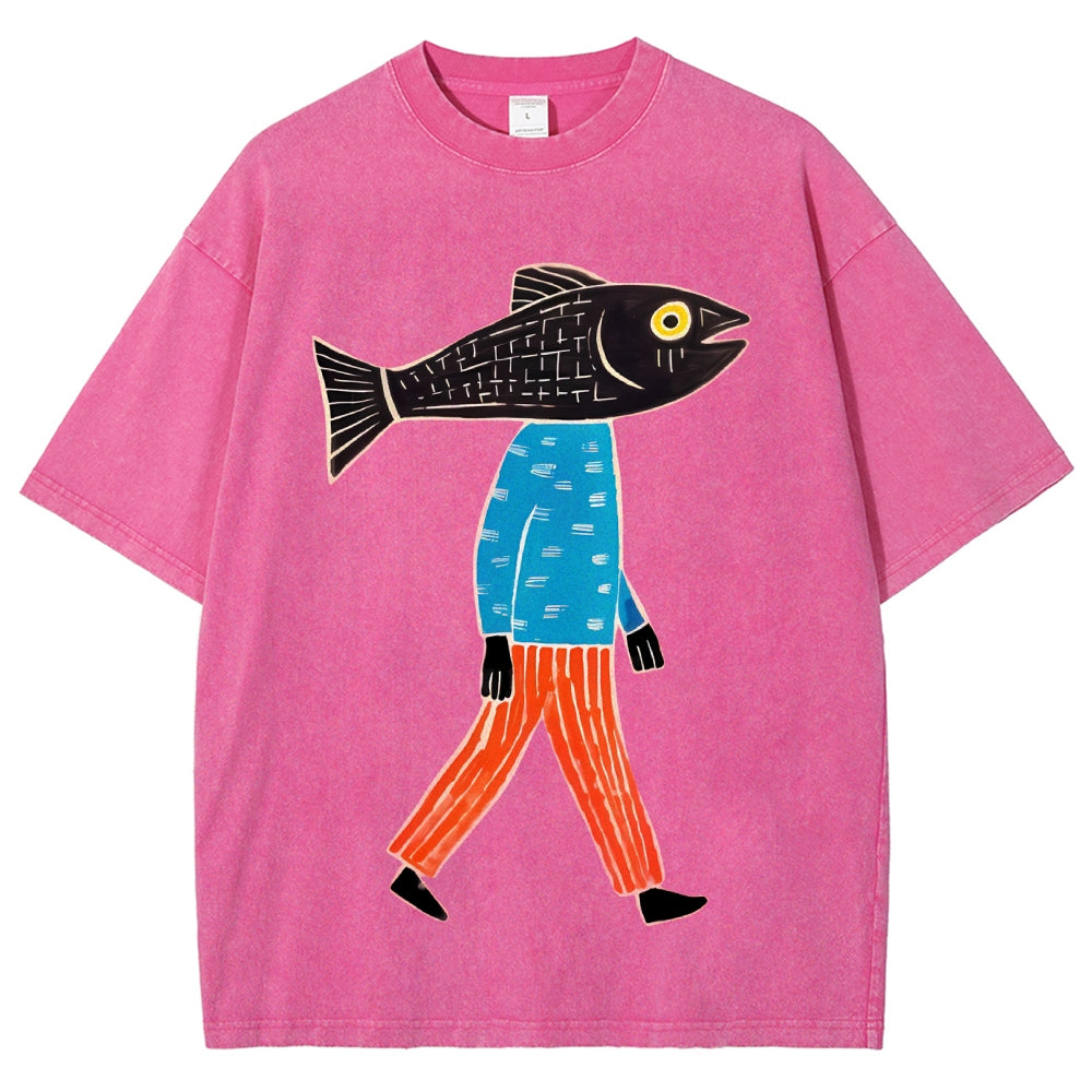 Unisex Abstract Art Fish Printed Washed Tee