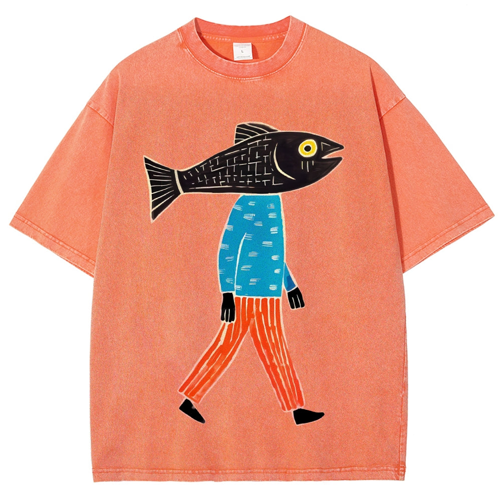 Unisex Abstract Art Fish Printed Washed Tee