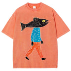 Unisex Abstract Art Fish Printed Washed Tee