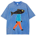 Unisex Abstract Art Fish Printed Washed Tee