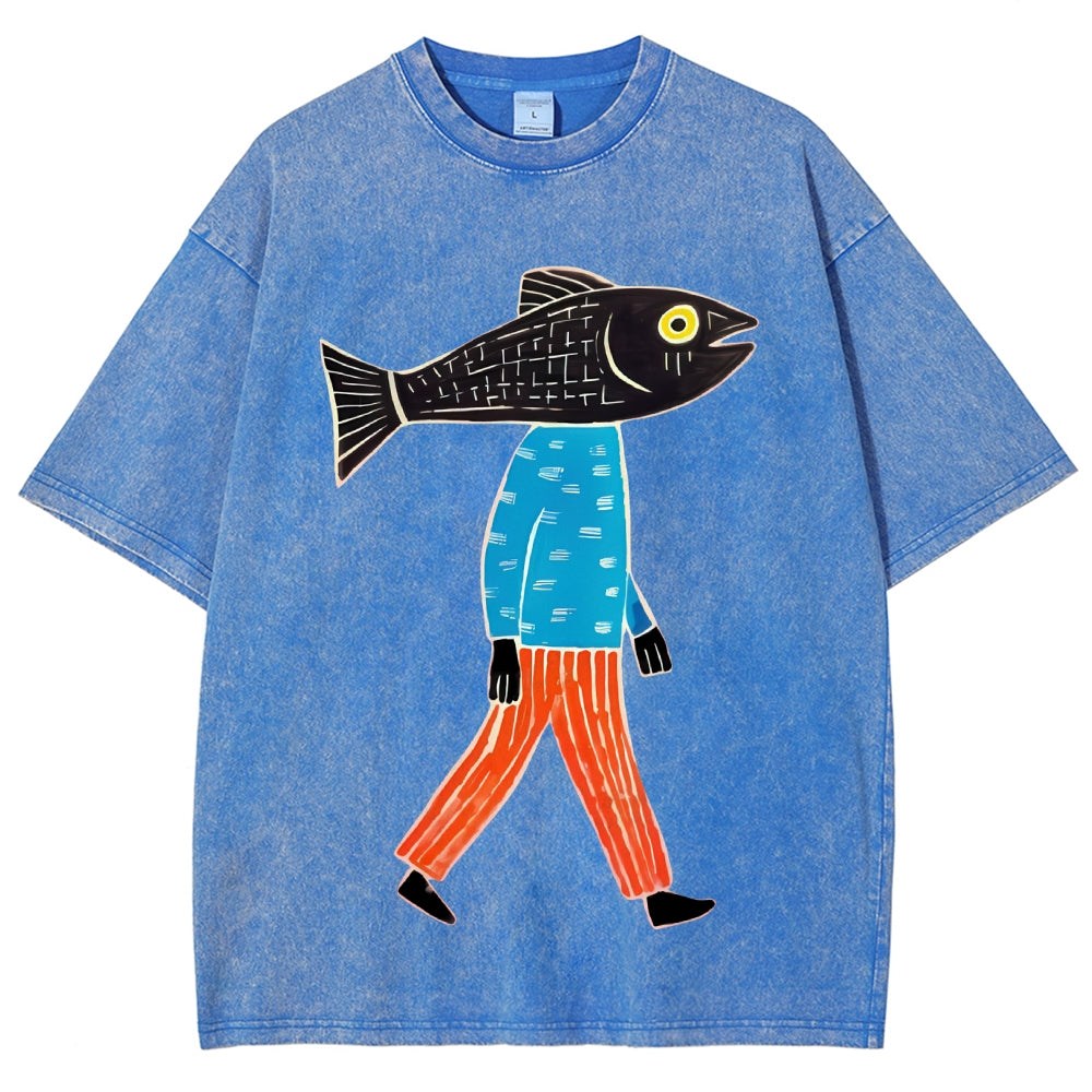 Unisex Abstract Art Fish Printed Washed Tee