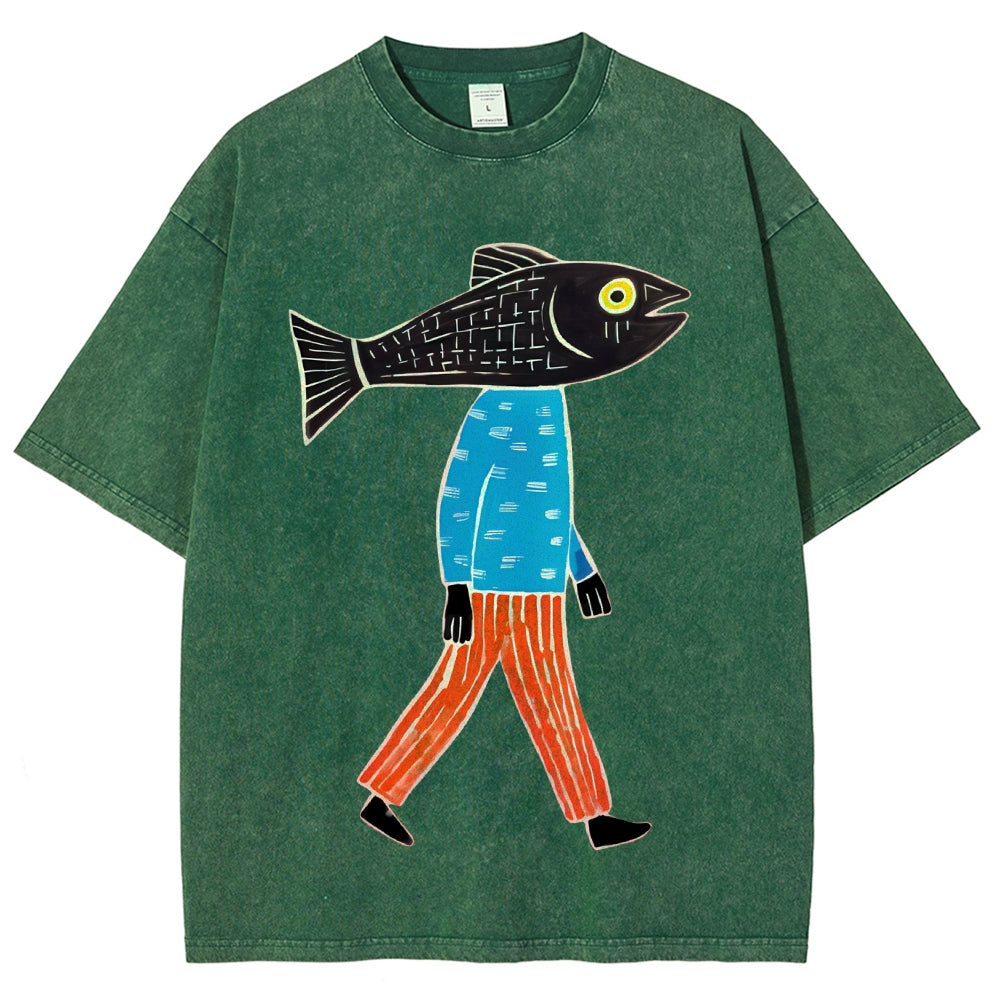 Unisex Abstract Art Fish Printed Washed Tee