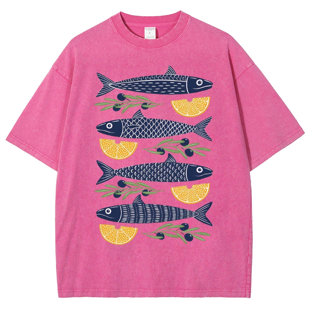Unisex Lemon Fish Printed Washed Tee