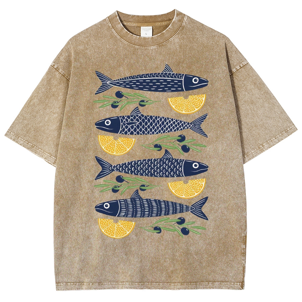 Unisex Lemon Fish Printed Washed Tee
