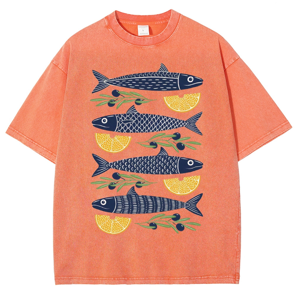 Unisex Lemon Fish Printed Washed Tee