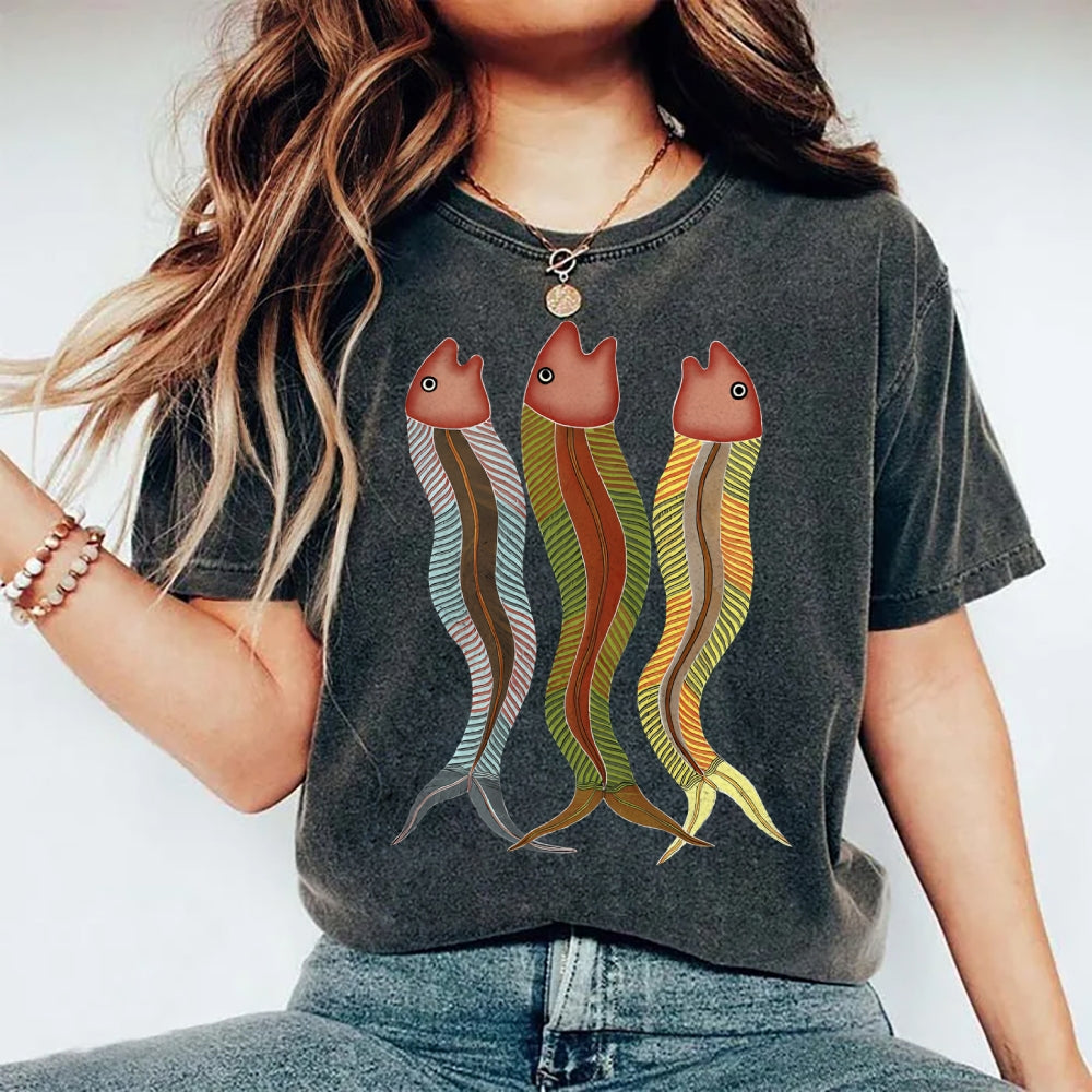 Unisex Colorful Striped Fish Printed Washed Tee