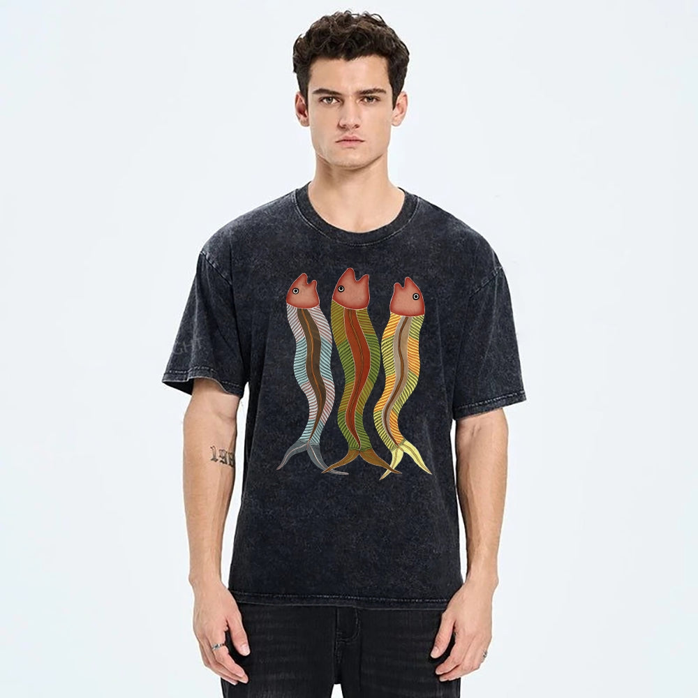 Unisex Colorful Striped Fish Printed Washed Tee