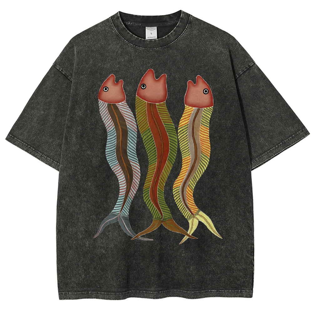 Unisex Colorful Striped Fish Printed Washed Tee