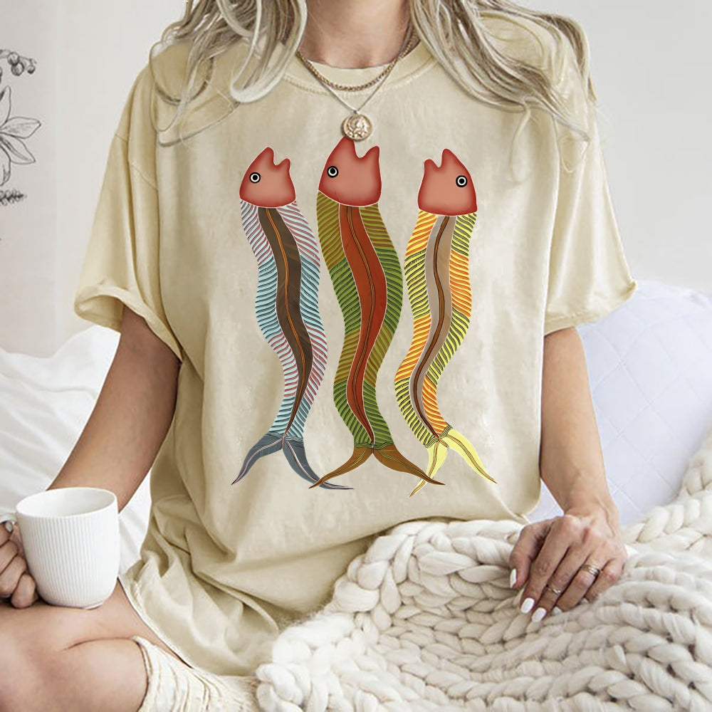 Unisex Colorful Striped Fish Printed Washed Tee