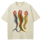 Unisex Colorful Striped Fish Printed Washed Tee
