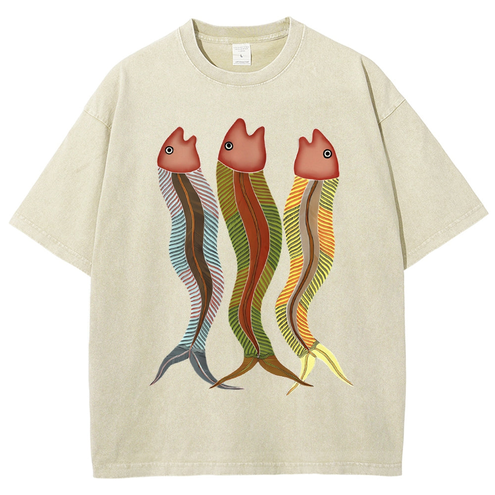 Unisex Colorful Striped Fish Printed Washed Tee