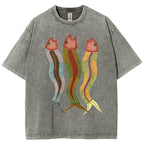 Unisex Colorful Striped Fish Printed Washed Tee