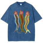 Unisex Colorful Striped Fish Printed Washed Tee