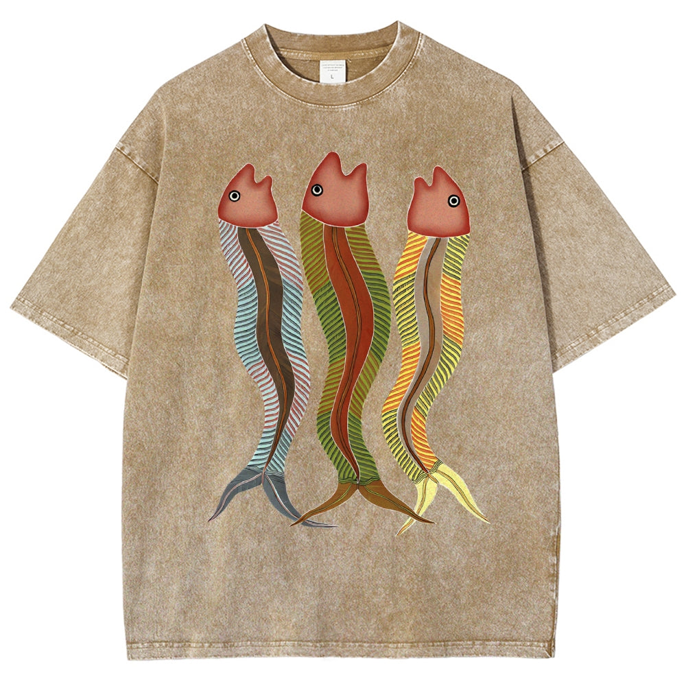 Unisex Colorful Striped Fish Printed Washed Tee