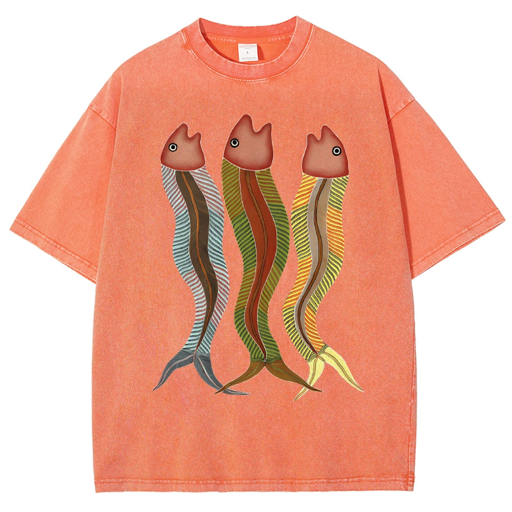 Unisex Colorful Striped Fish Printed Washed Tee