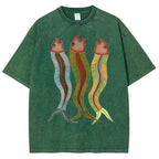 Unisex Colorful Striped Fish Printed Washed Tee