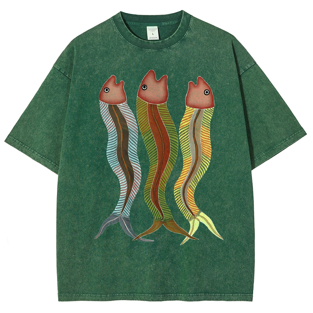 Unisex Colorful Striped Fish Printed Washed Tee