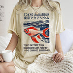 Unisex Japanese Style Fish Printed Washed Tee