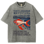 Unisex Japanese Style Fish Printed Washed Tee