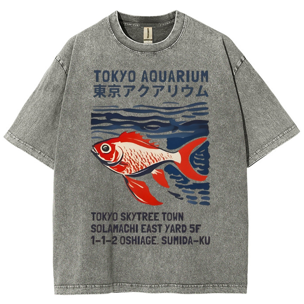 Unisex Japanese Style Fish Printed Washed Tee