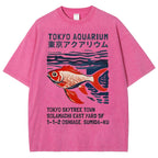 Unisex Japanese Style Fish Printed Washed Tee