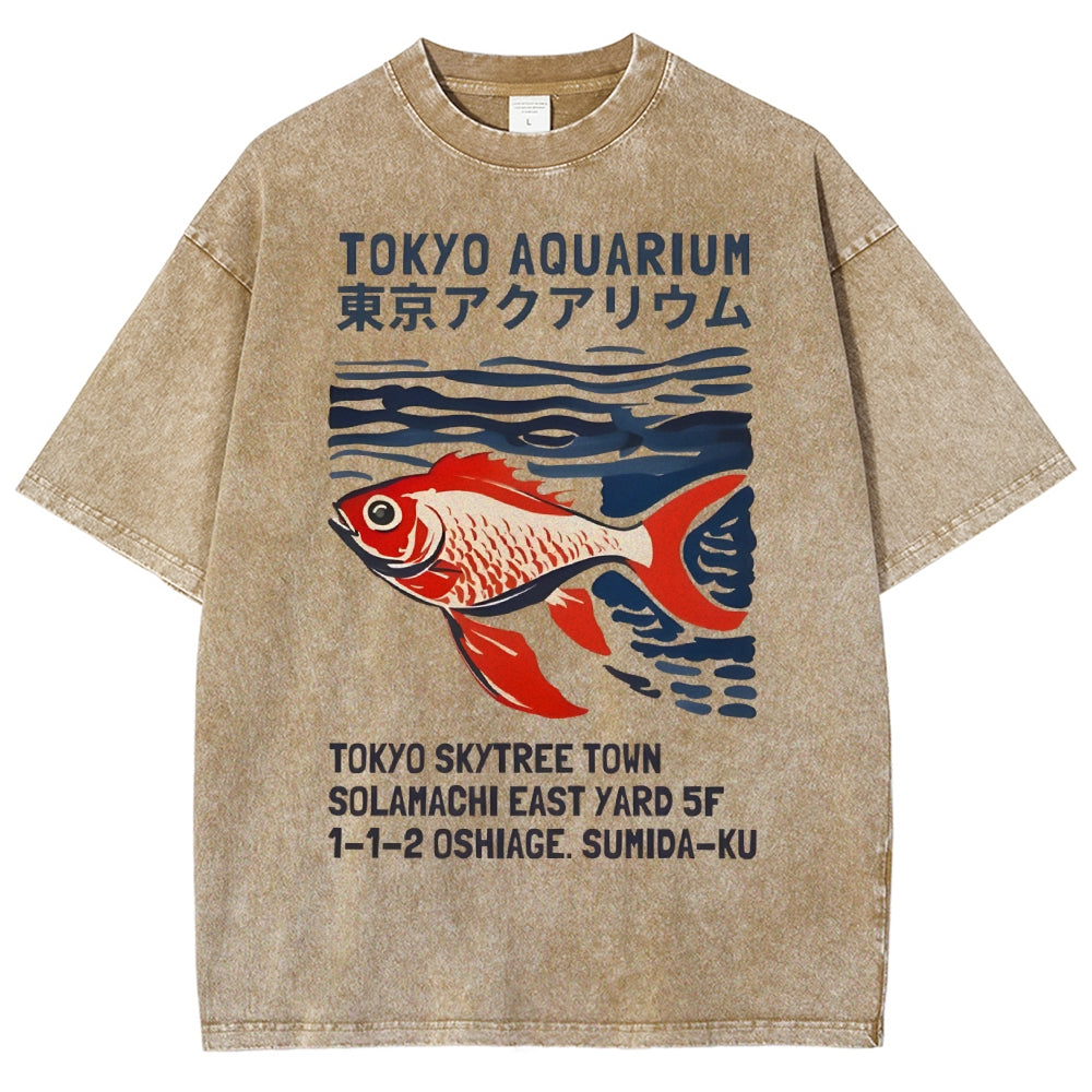 Unisex Japanese Style Fish Printed Washed Tee