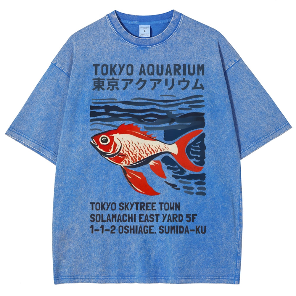 Unisex Japanese Style Fish Printed Washed Tee