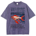Unisex Japanese Style Fish Printed Washed Tee
