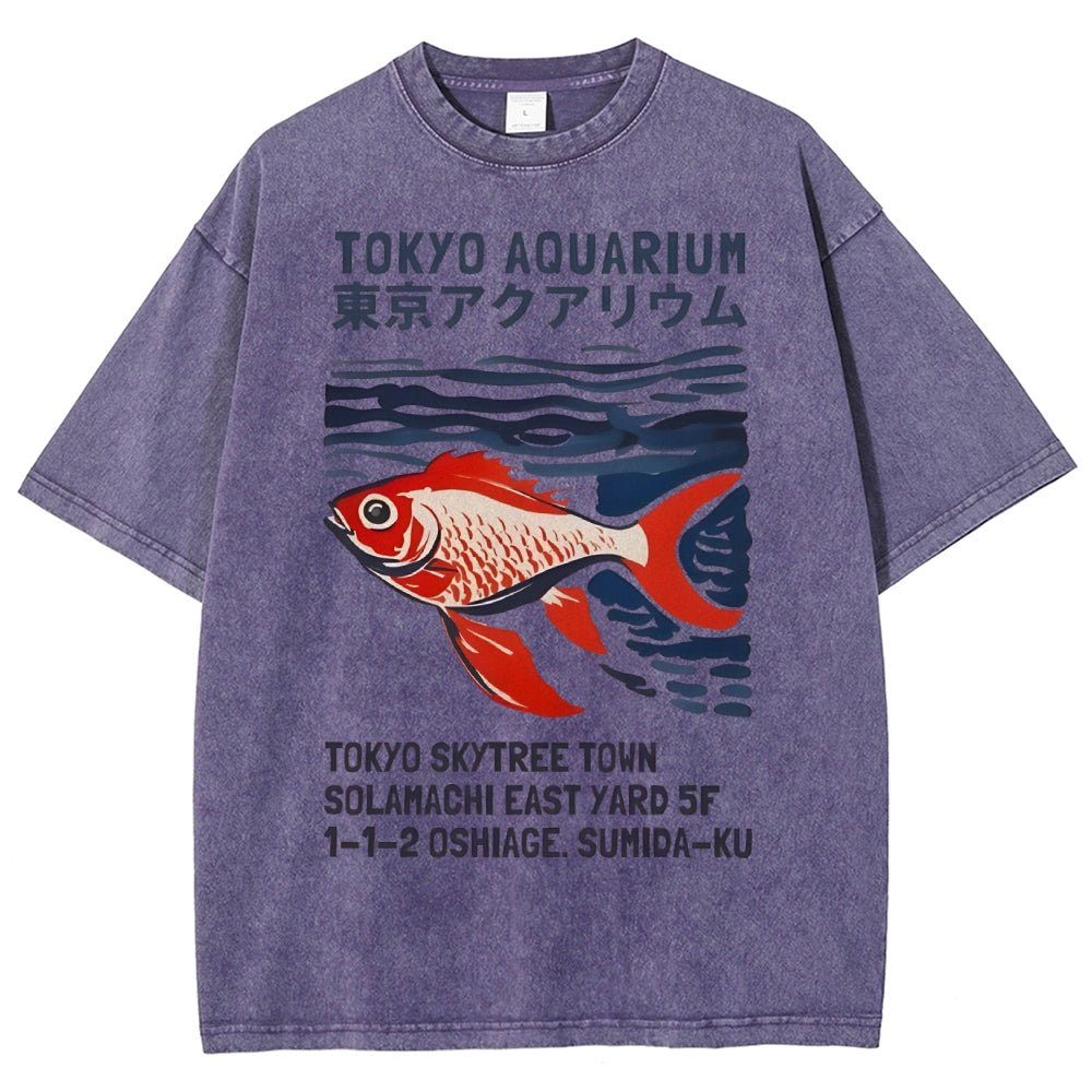 Unisex Japanese Style Fish Printed Washed Tee