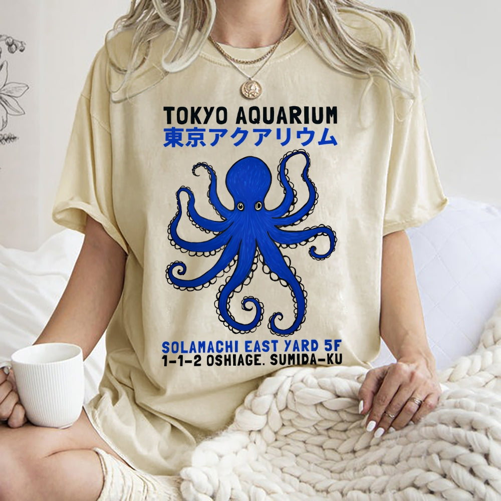 Unisex Japanese Style Octopus Printed Washed Tee