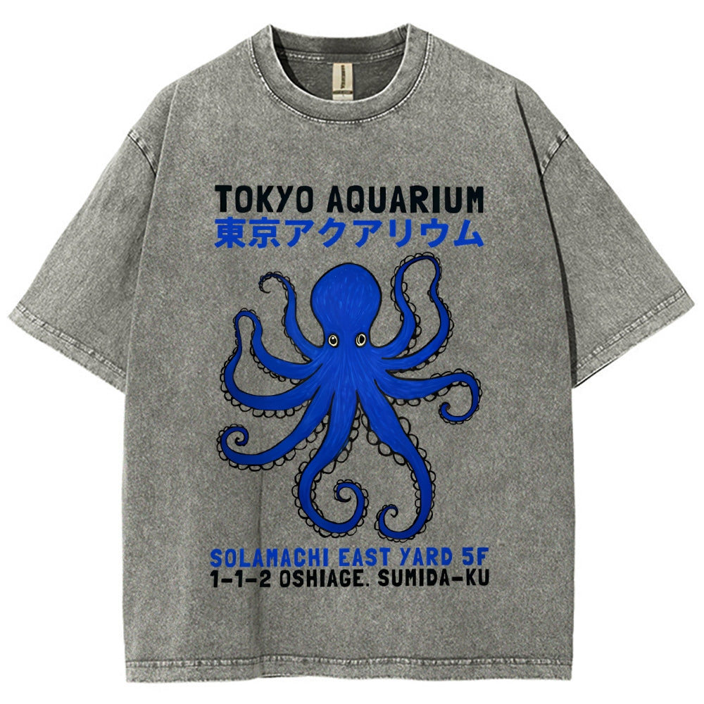 Unisex Japanese Style Octopus Printed Washed Tee